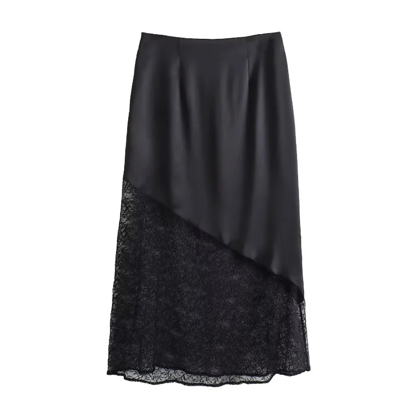 

French Fashion Casual Lace Spliced Half Skirt 2024 Women's Autumn New Silk Satin Texture Solid Color Half Skirts Female Clothing