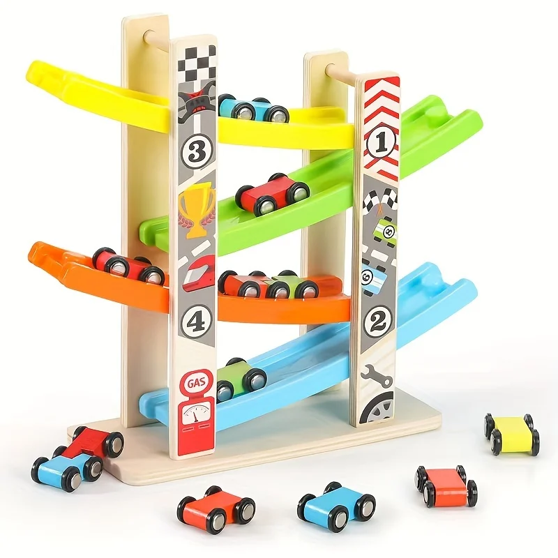 Wooden Toy Children's 4-Layer Gliding Car Coasting Racing Track