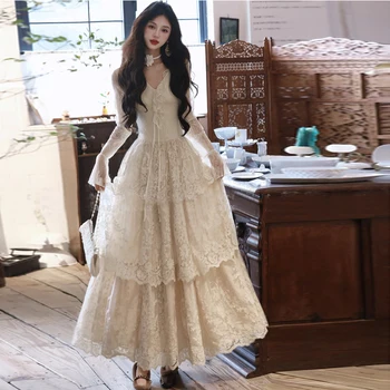 French Vintage Long Dress Women Elegant Ruffles Lace Patchwork Cake Dresses V Neck Flare Long Sleeve Retro Casual New Vestidos 1