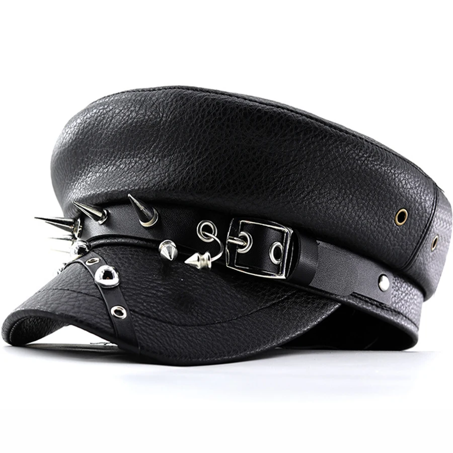 Women's Beret Black Pu Leather Flat Top Captain Military Caps