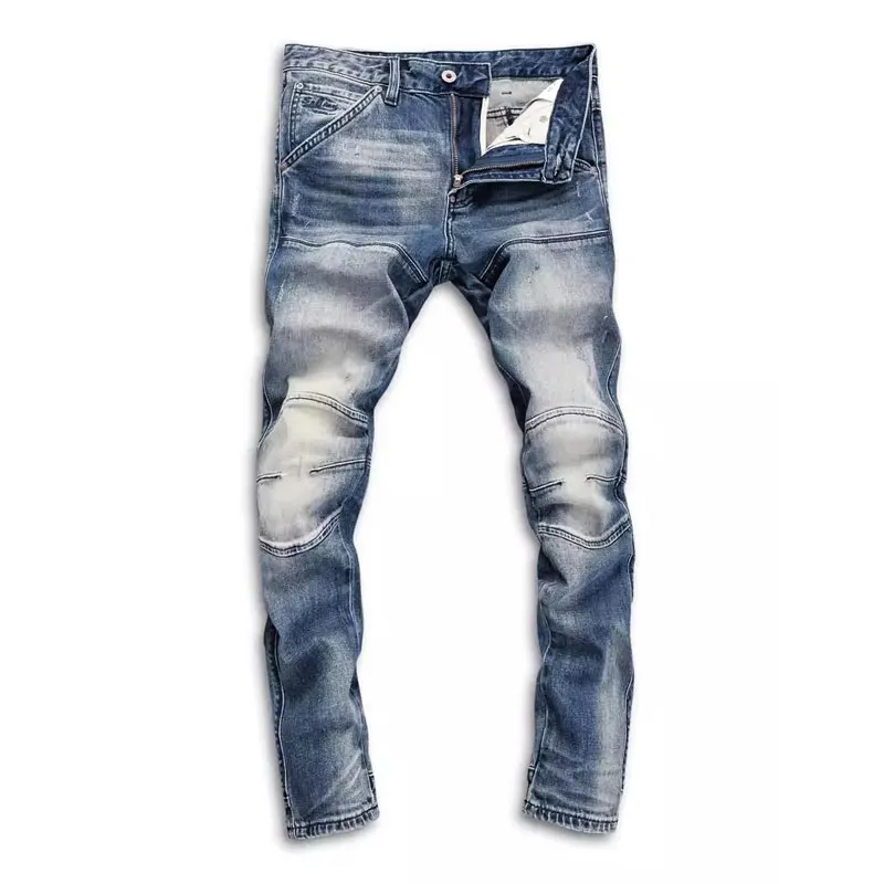 High Street Fashion Men Jeans Retro Blue Stretch Slim Fit Spliced Designer Biker Jeans Homme Patched Hip Hop Denim Pants Hombre