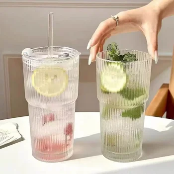 Striped Glass Coffee Cup with Lid and Straw – Clear Glass Drinkware for Coffee, Tea & Water 1