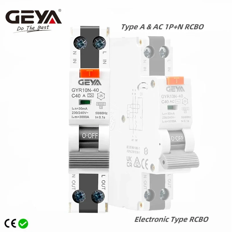 

GEYA GYR10N-40 Electronic Type RCBO 18mm 230V 1P+N 6KA Residual Current Circuit Breaker with Over Current Potection Max 40A
