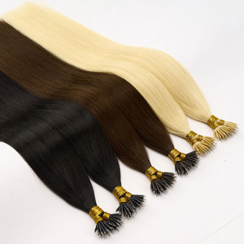 Nano Ring Human Hair Extensions Straight Remy Micro Beads Ring Hair Extension 0.5g/0.8g/1g/Strand 12-26Inch Natural Color 50Pcs human hair extensions