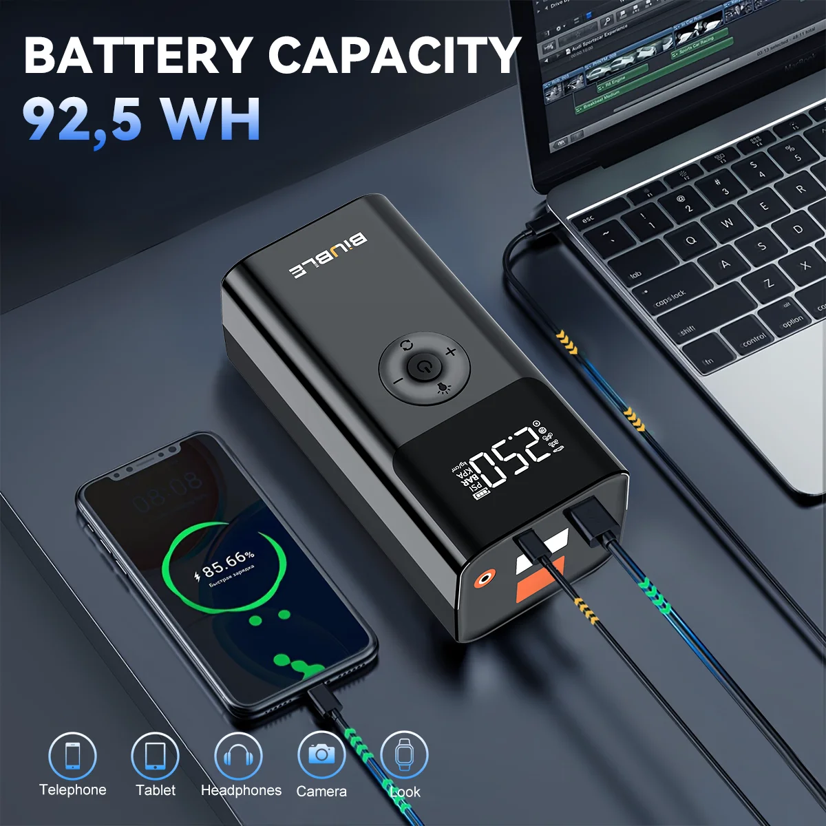 Démarreur de Voiture 1500A, Batterie Externe 12V Portable, Chargeur d'Urgence pour Voitures, Dispositif de Démarrage de Batterie, Démarreur avec Lumière LED 300LM, Câbles de Démarrage, Écran LCD, Chargeur de Batterie, Gonfleur d'Air, Batterie Externe de Secours 1