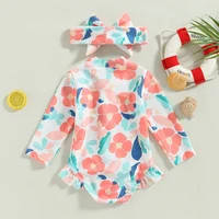 Toddler Girls Summer Swimsuit Long Sleeve Floral Print Swimwear Kids Bathing with Headband Beach Pool Swimming Suit 2