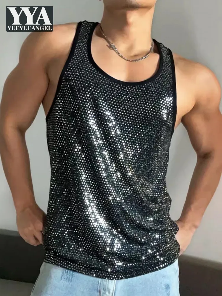 Mens Summer Shiny Sequined Tank Tops Gym Bodybuilding T-Shirt