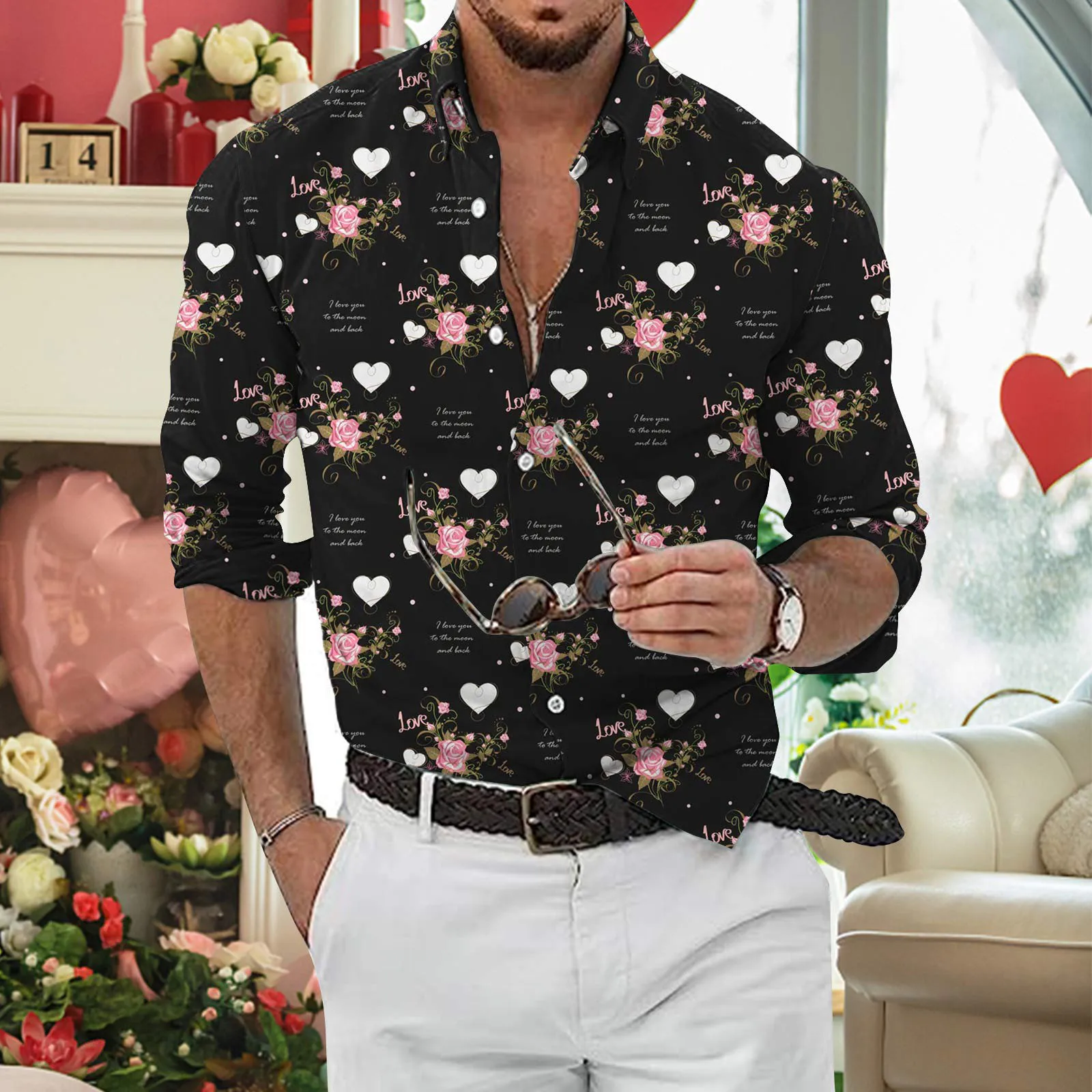 

Mens Love Heart Flower Print Valentines Day Blouse Long Sleeve Lapel Neck Button Top Shirt Fashion Sunscreen Beachwear Clothing