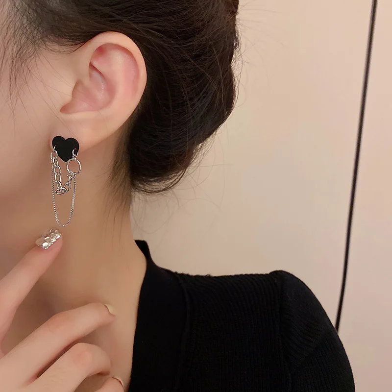 Hip Hop Black Heart Tassel Chain Earrings For Women Korean Brincos Femme Jewelry Streetwear Fashion,crystal tassel earrings,dangle earrings