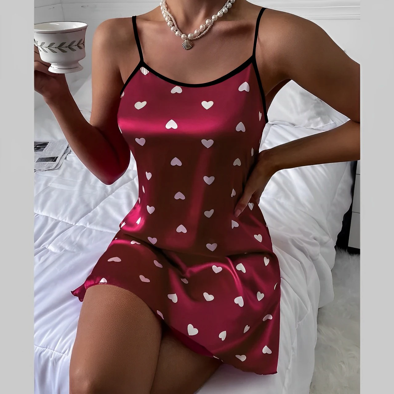 Slip Nightdress Female Summer Sexy Imitation Silk Pajamas Love Printed Ice Silk Comfortable Home Dress Women Nightdresses