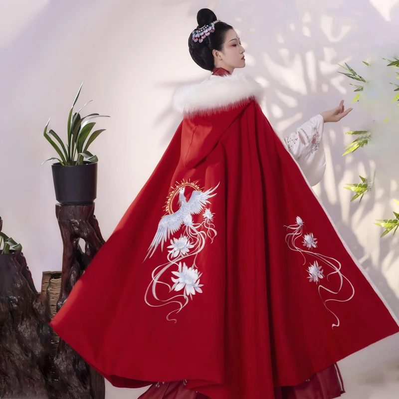 

Hanfu embroidered cloak female winter warm cloak Chinese thick coat hooded ancient traditional cosplay women's clothing