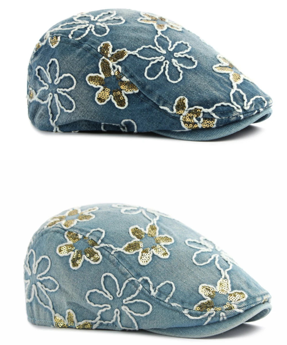 HT5070 Herren- und Damen-Baskenmützen Vintage Künstler-Malermütze Unisex Baumwoll-Ivy-Kappe Stilvolle Pailletten-Blumen Denim-Baskenmütze – Detail 6