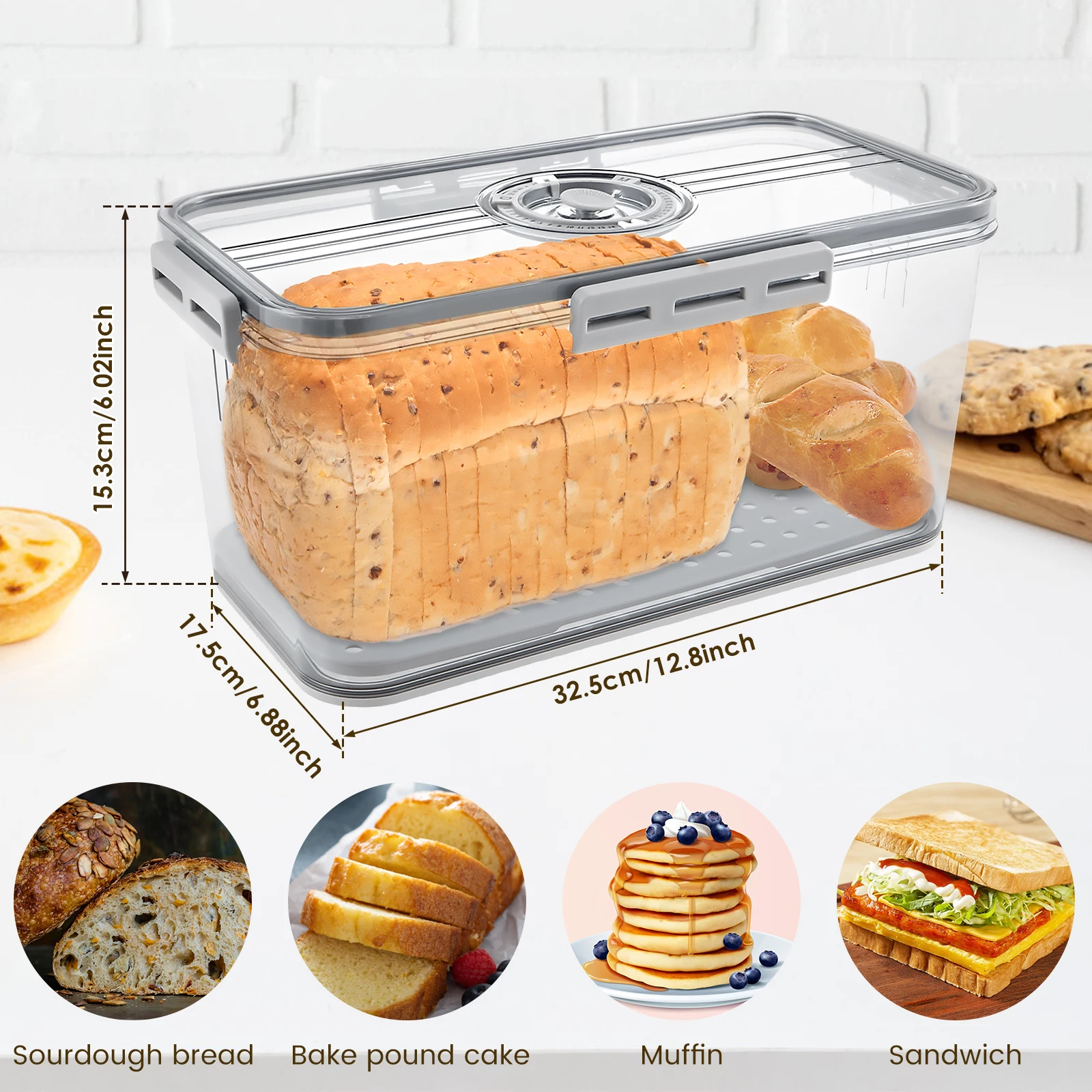 1 Pc Bread Box Food Grade Bread Storage Container with Snap Time Recording Airtight Sandwich Bread Holder for Bun Bagel Sandwich