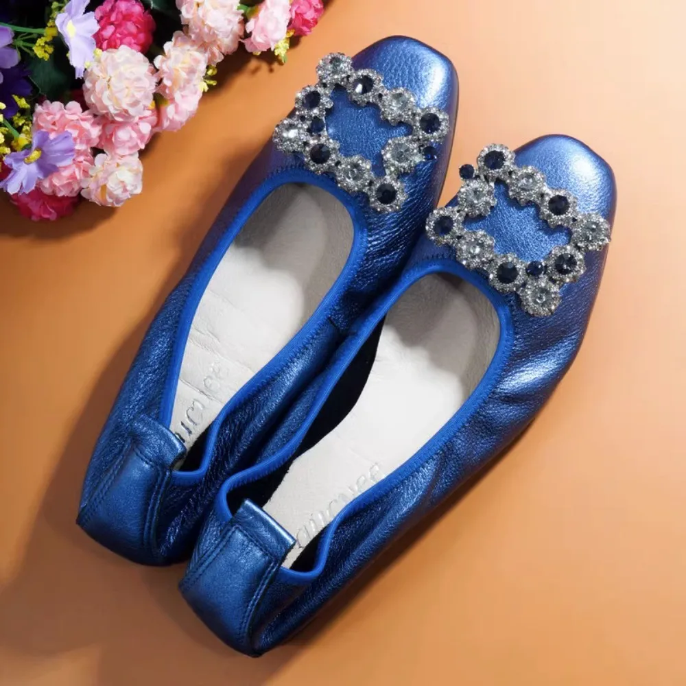 

Crystal Flats Female Shoes Summer 2024 New Arrival Leather Flats Woman Moccasin Loafers Casual Mom Shoes Women's Ballet Flats