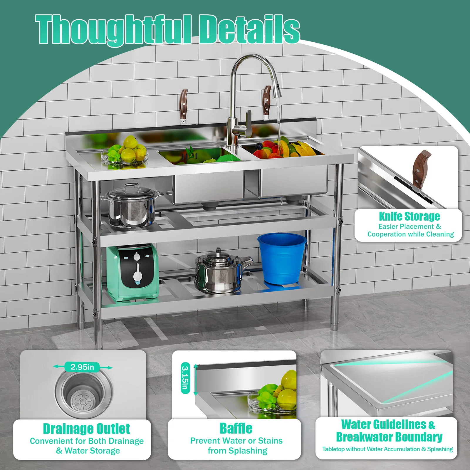 Commercial Restaurant Stainless Steel Utility Free-standing Kitchen Sink 120x45x81cm