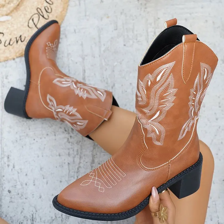 Fashion Women Winter Vintage Embroidery Asymmetrical Midi High Chunky Boots Low Heel Square Toe Boots