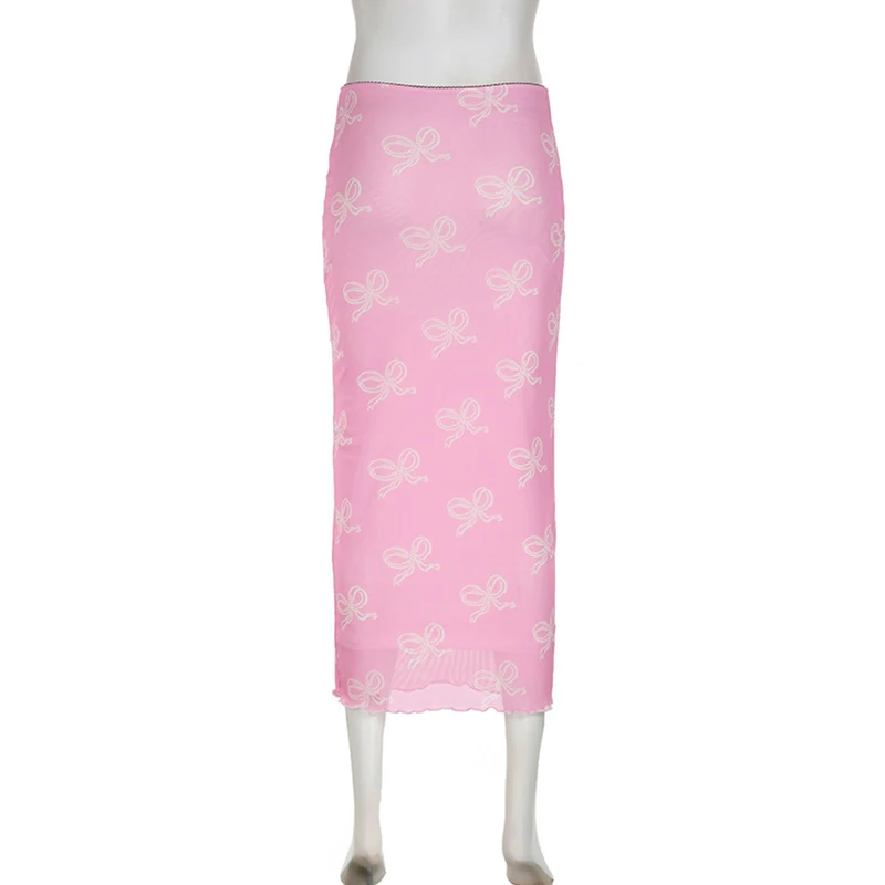Falda Y2K Fairycore para mujer, con estampado de lazo y ribete de encaje, de cintura baja, de malla, ajustada, estilo grunge de los años 2000, para fiestas y ropa de calle.