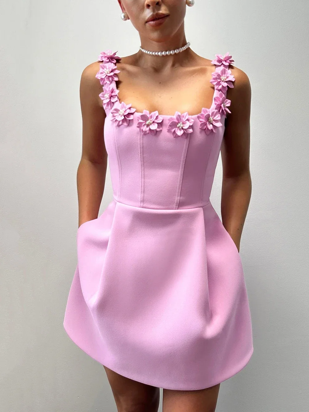 2024 Summer New Women's Fashion Sexy Sleeveless Square Collar Flower Bandage Mini Dress Bodycon Celebrity Party Evening Dress