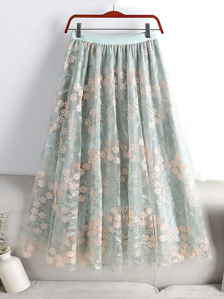 

2023 Summer New High Waist Slim Mesh Skirt Embroidered Fragmented Flower A-line Large Swing Mid Length Half Skirt Women GD819