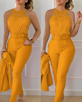 Two Piece Set Women Outfit 2024 Summer Fashion Hollow Out Round Neck Sleeveless Tank Top & Casual Pocket Daily Pants Set 1