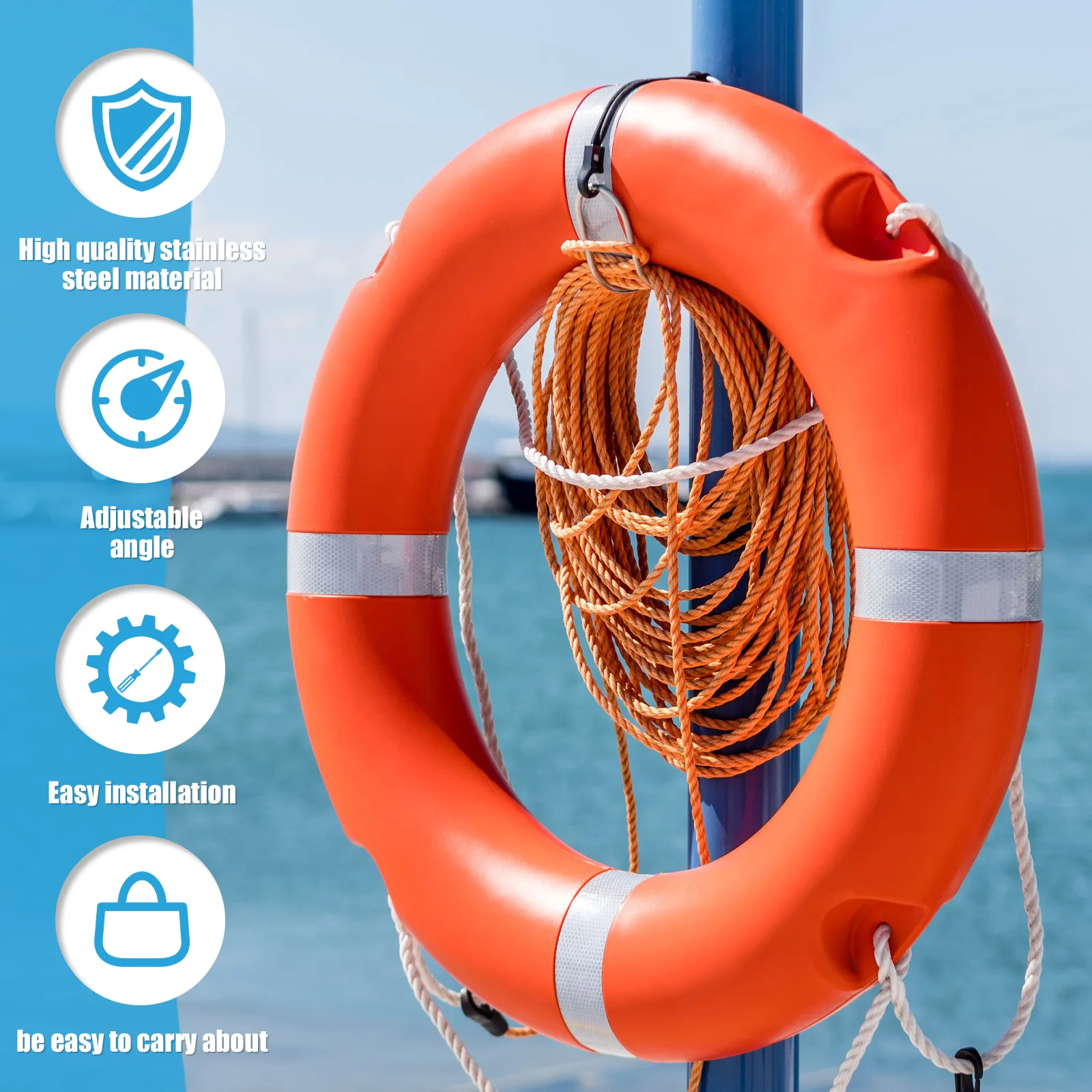 316 Stainless Steel Ship Lifebuoy Bracket  Horseshoe Lifebuoy Holder Kit Angle Adjustable Lifebuoy Ring Bracket Portable 4