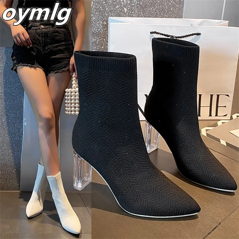 Elastic Boots for Women 2023 New Autumn/Winter Pointed Large Women's Boots Thick High Heel Mid Sleeve Boots