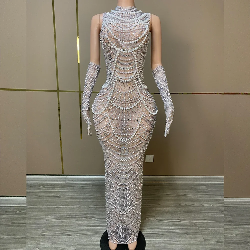 

Sparkly Pearl Rhinestones Glove Dress Women Sexy Stage Mesh Celebrate Prom Gown Birthday Party Dress Performance Photoshoot Wear