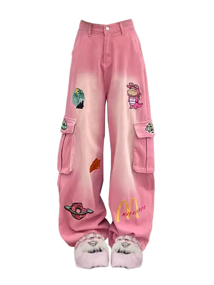 American Vibe Retro Cartoon Embroidery Pink Tooling Jeans Women's High Street Design Loose Straight Wide-leg Pants Washed Cloth