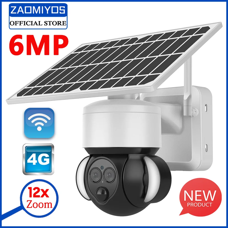 4G/WIFI Solar Battery Powered IP Camera Dual Lens 6MP Security