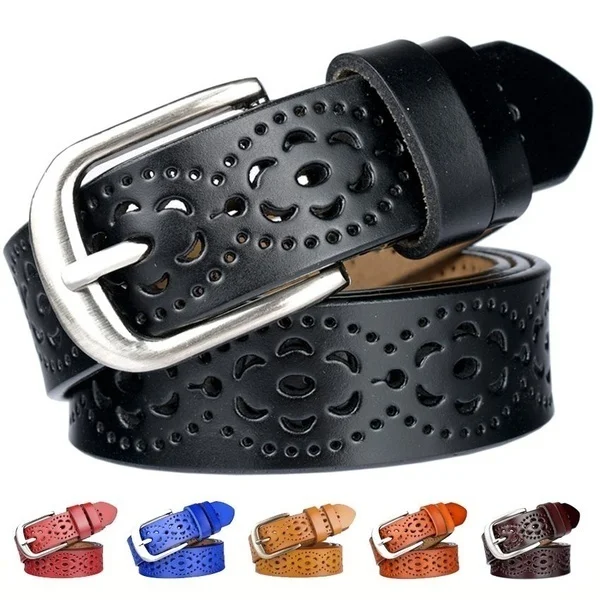 Retro Women's  Cow Leather Waist Belt  Hollow Out Belt Pin Buckles Waist Belt Leisure Cinturon  Jeans Belt Ladies Waistband