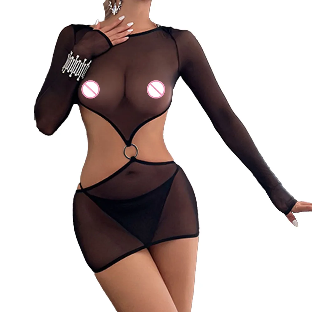 

Women Sexy Lingerie Set Semi See Through Bodycon Nightdress Round Neck Party Clubwear Ultra-thin Hollow Lingerie Erotic Dress