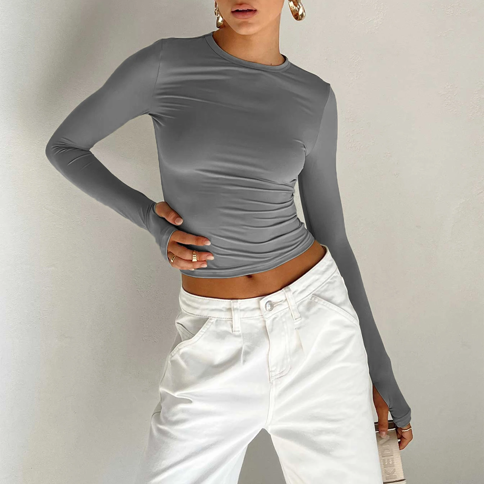 

Women's Vintage Retro Yoga Shirts Slim Fit Crop Tops Long Sleeve Crew Neck Solid Color Basic Casual T-Shirts with Thumb Holes