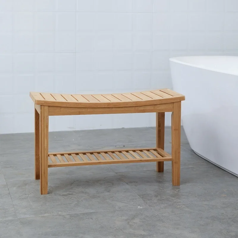 Bamboo Shower Bench Anti Slip Thickening Shower Stool with Storage Shelf Spa Bath Seat for Bathroom Organizer Hallway Bench
