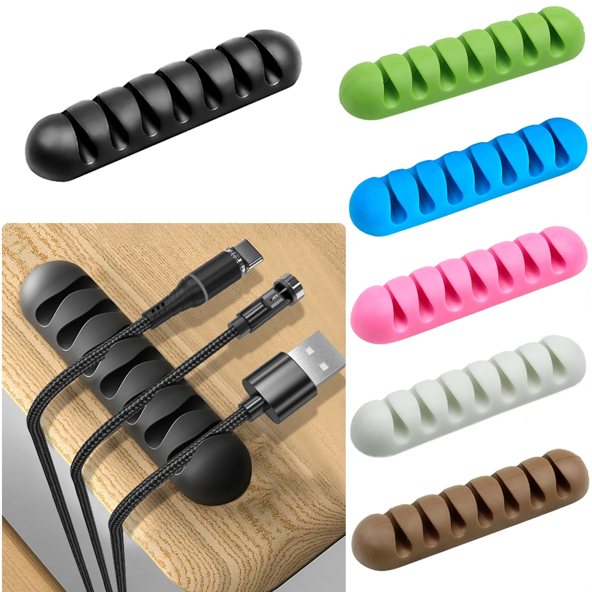7 Holes USB Cable Organizer Cable Clamp Wire Winder Headphone Earphone Holder Cord Silicone Clip Phone Line Desktop Management