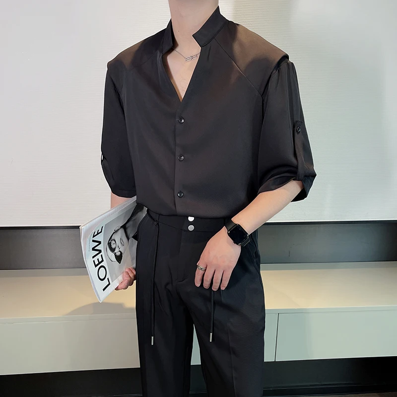 Summer Casual Set Men Loose 2 Pieces Set Short Sleeve Shirts Trousers Korean Loose Ice Silk Sets Business Party men clothing
