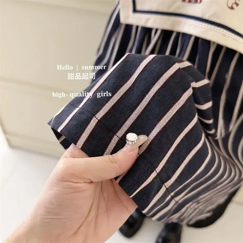 Children's Summer Pure Cotton Dress Sleeveless Big Neck Embroidered Stripe Casual Dress for Girls