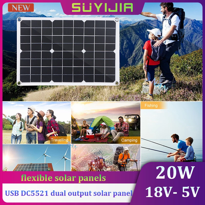 

New 18V 20W 5V Flexible Solar Panel for Mobile Phone Action Camera Car Boat Battery Charging USB DC5521 Dual Output Solar Panel