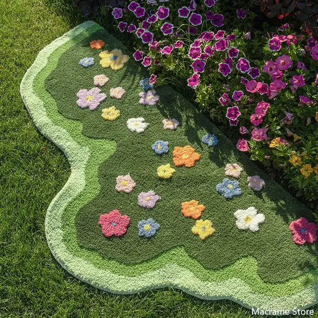Wavy Shape Green 3D Flower Tufted Rug Soft Tufting Sofa Carpet Absorbent Non-slip Room Floor Foots Mats Bedside Rugs Foot Pads