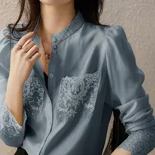  Harajuku Style Lace Blue Chiffon Shirt Crew Neck Open Stitch Blouse 2022 Summer Elegant Professional Solid Color Shirt for Women 