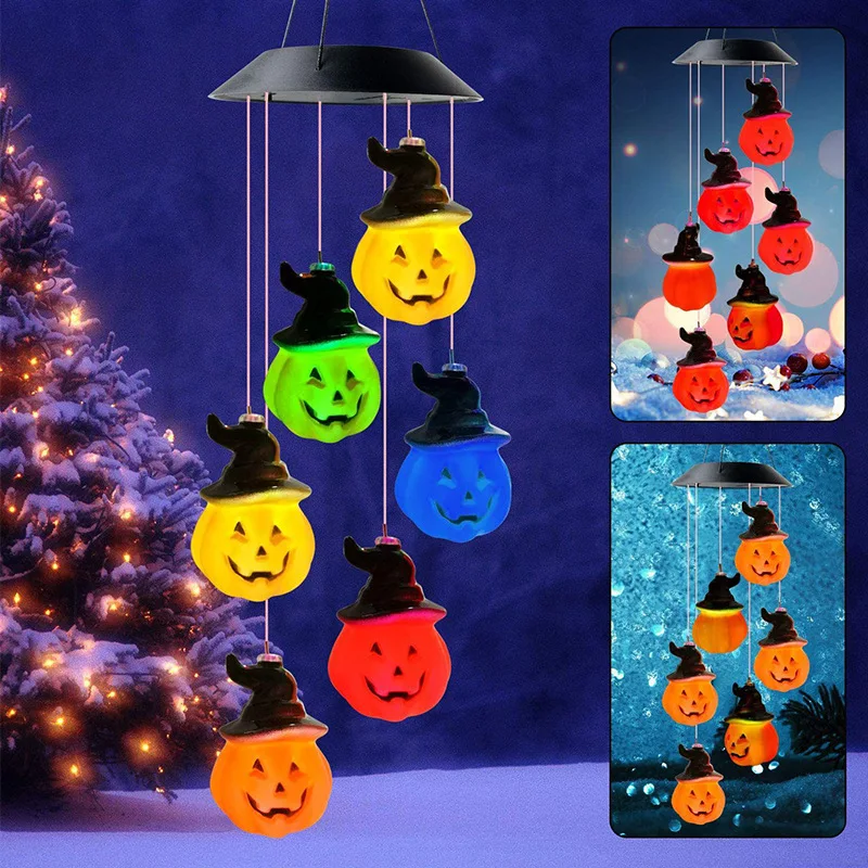 

Led Solar Wind Chime Lamp Halloween Scary Pumpkin Chandelier Outdoor Courtyard Garden Halloween Decoration Ghost Solar Light