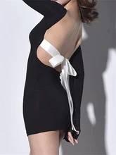  wsevypo Vintage Backless Bowknot Black Bodycon Dress Women's Autumn Long Sleeve O Neck Wrap Mini Sheath Dress Street Party 