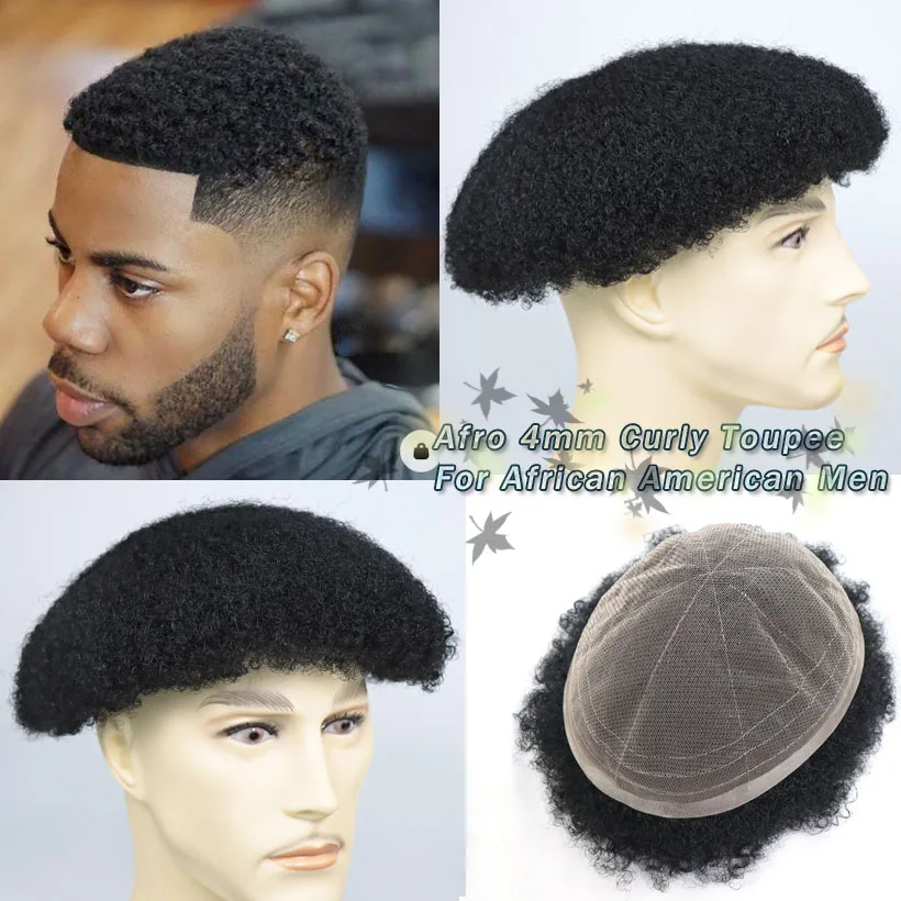 

4mm Afro Curly #1B Black Hair For African American Male 8X10 Toupee Full Lace Mesh Net,Natural Hairline 100 Human Hair,Handtied