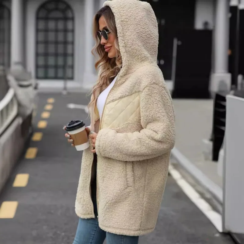 Women Clothing Jacket Casual Fashion Autumn and Winter Cardigan Hooded Mid Long Zipper Loose Plush Jacket for Women 2024 New
