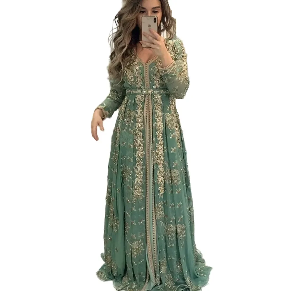 Elegant Moroccan Kaftan Formal Wedding Guest Evening Prom Dresses Gold Lace Appliques Beaded A Line Arabic Muslim