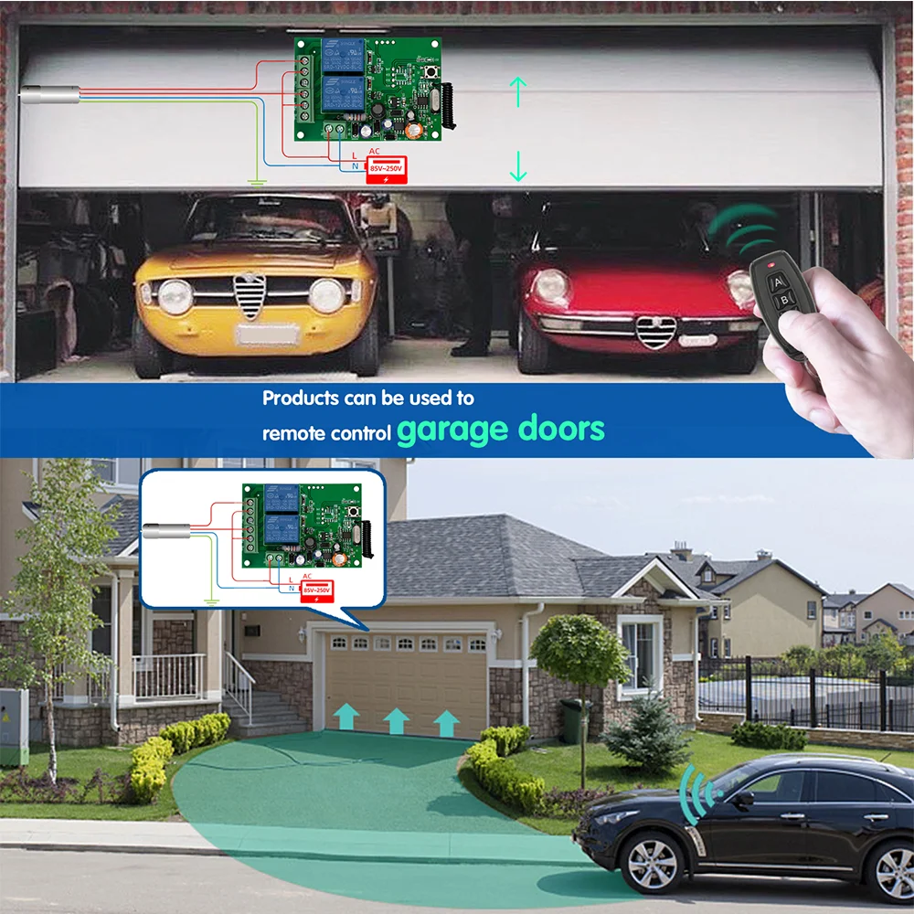 433 Mhz Wireless Remote Control AC220V 2CH Universal Rf Relay Receiver and Transmitter For Garage door and Gate Motor Control