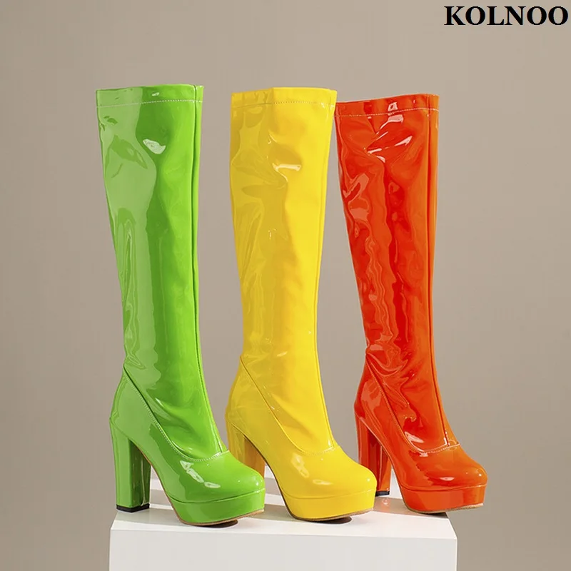 

Kolnoo New Hot Sale Handmade Women's Chunky Heels Boots 7-Colors Sweet Style Party Prom Knee-high Boots Evening Fashion Shoes