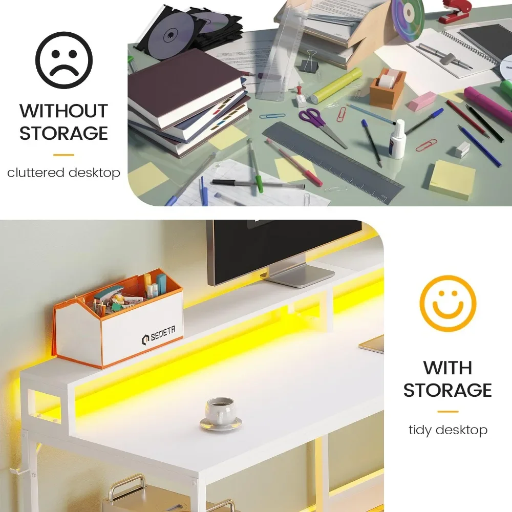 L Shaped Gaming Desk, 66" Home Office Desk with File Drawer, Power Outlet and Led Lights, Computer Desk with Monitor Shelf 3
