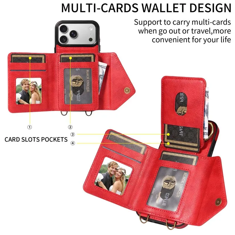 Elegant Leather Crossbody Phone Case with Wallet and Card Slots – Fashionable Long Lanyard Design