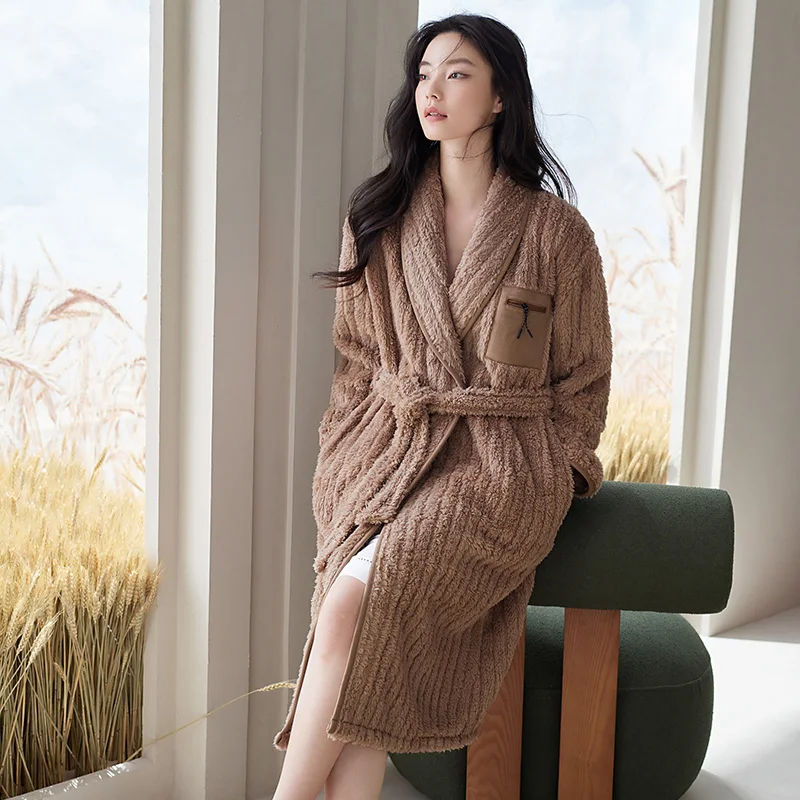 

Женский зимний плюшевый бархатный халат, длинная шаль, домашняя одежда, халат с длинным рукавом, пальто, женский элегантный халат из плотного кораллового флиса