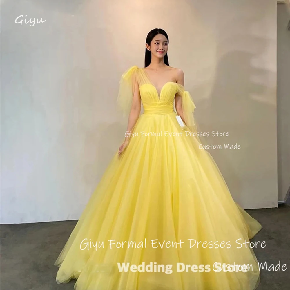 

Giyu Yellow Tulle Wedding Dress Korea Photo Shoot A Line Sleeve Bridal Gown Floor Length Off Shoulder 신부 웨딩드레스
